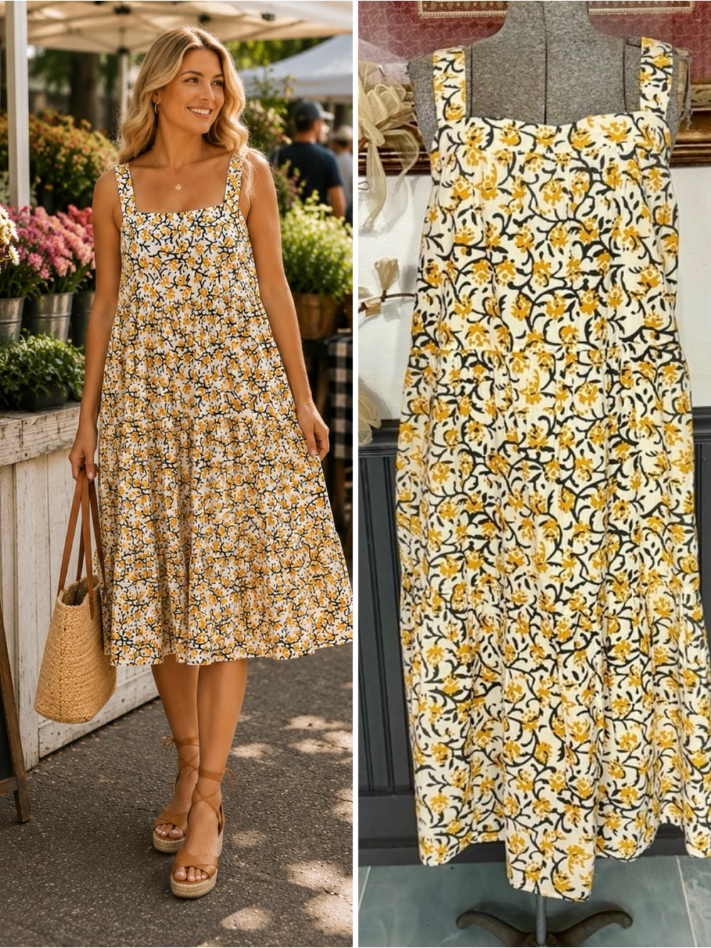 NWT Lilla P Peplum Seam Tiered Floral Tank Midi Dress Cotton Size Large🧡🍄